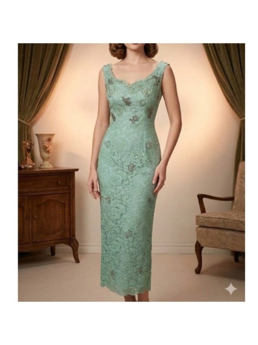 Elegant Lace Midi Dress in Seafoam Green